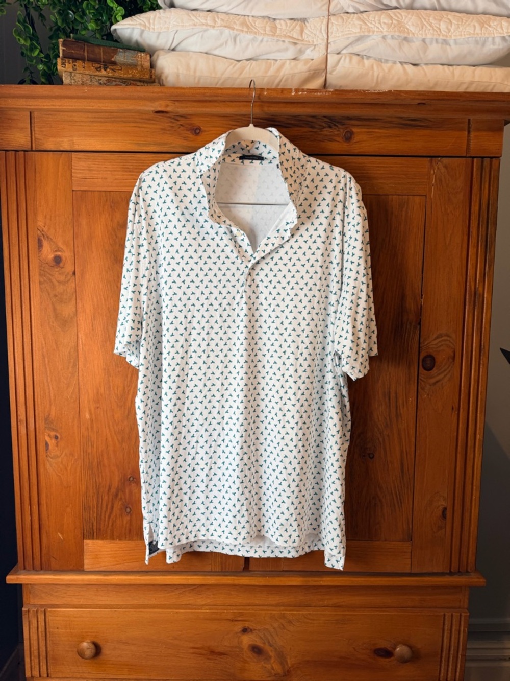 Men's Short Sleeve Polo Shirt in White with Green Hummingbird Print